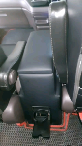 Honda FREED hybrid car center console with cup holders and blue LED lighting. Fits between front seats. Illuminated storage compartment. Front/rear USB charging ports