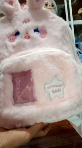 Balo lông thỏ hồng baby phối kính