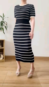 ●ECLAIRE● 003 Setelan Rok Rajut Knit Lengan Pendek Shortsleeves Salur Stripe Garis Pita Ribbon Korea Kasual Casual Basic Santai Import Slbxo
