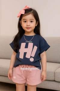 Setelan Baju dan Celana Pendek Anak Perempuan Motif H Terbaru - Bahan Lembut - Usia 1-5 Tahun