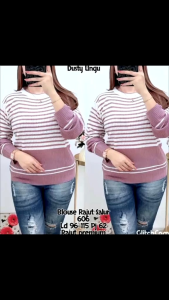 Blouse rajut salur 606 Atasan wanita terbaru Blouse wanita trendy | Hitam abu-abu horizontal stripes | Kasual sehari-hari dengan jeans