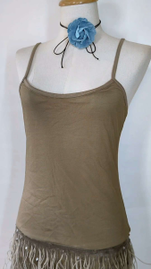 เดรสสายเดี่ยว ผ้ายืด+ผ้าตาข่าย (546) ช่วงล่างปักเลื่อมสลับขนนก ใช้สวม Size S/M : มือสอง