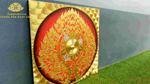 รูปภาพต้นโพธิ์ทอง ขนาดW80H80cm ภาพติดผนังแขวนกรอบลอย รูปแต่งบ้านติดหลังพระโต๊ะหมู่บูชา งานศิลปะ