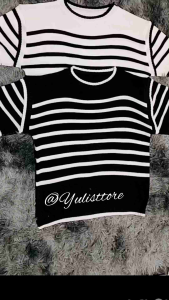 Sweater Rajut Knit Korea Wanita Kerah Leher Lengan Pendek Motif Garis