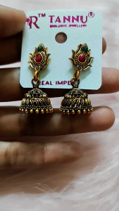 Exclusive Jewellery Jhumka Earrings with Red and Green Stones.