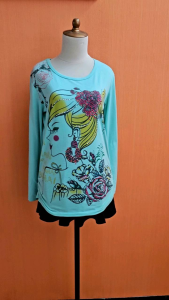 atasan kaos wanita hijau tosca M L cewek lengan panjang santai