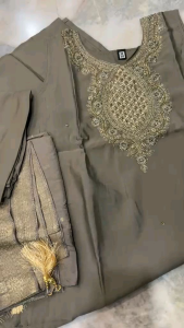 JM Couture Premium Silk Blend Kurti Set with Banarasi Dupatta Antique gold col- Elegant ethnic outfit with intricate embroidery and luxurious dupatta ideal for festive occasions.