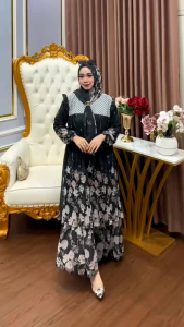New Gamis Wanita Ceruty Plisket Babydoll Premium Umpak Dua Layer Mix Renda Kancing Mutiara Set Hijab