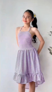 Girls Gingham Halter High Low Dress | Kids Plaid Backless Ruffle Dress | Korean Fashion Dress for Girls 7–10 Years Old