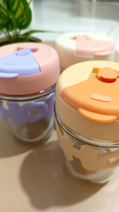 [FREE BOX] 1 KG MUAT 3 PCS HA Botol Minum Kaca Transparan HOHO-Tempat Minum Botol Lucu Unik+Sedotan+Holder Kapasitas 350ML Anti Bocor / Tumbler Gelas Minum Kaca  Anak Bottles Kitchenware