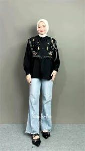 Atasan wanita kemeja lengan panjang polo linen premium Blouse kekinian casual elegan