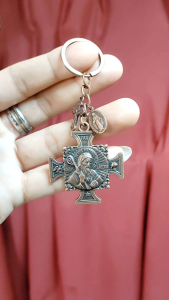 St. Benedict Embossed Square Cross Medal Back to back Crucifix and Miraculous Medal Bronze for Protection Against Evil for Keys