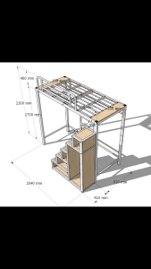 Custom loft bed for helper room in Singapore with integrated storage and staircase dimensions 2100 mm height 2040 mm length 930 mm width featuring metal frame and wooden elements.