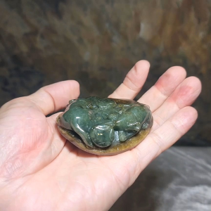 Type A Jadeite light green light yellow with "Jade skin" Rats & Coins palmstone small display (with certificate) 翡翠A货带原玉皮浅绿淡黄双鼠运财把件小摆设(带证书)