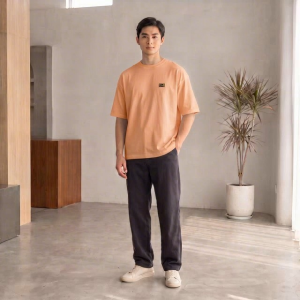 100% Pima Cotton Oversized Shirt Orange- Casual Fit - Short Sleeves - Solid Color - Minimalist Design