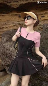Đồ bơi nữ đi biển 2 mảnh tay ngắn phối hồng kèm chân váy có quần đùi trong váy kín đáo VATIXA BKN160