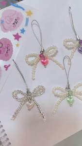 Phone Charm Ribbon ୨୧ พวงกุญแจห้อยโทรศัพท์ พวงกุญแจรูปโบว์ห้อยกระเป๋า สไตล์เกาหลี สายคล้องโทรศัพท์ ลูกปัด