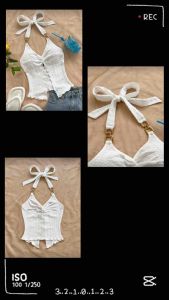 Áo Halter Top Trắng cổ yếm thắt nơ phối xích vàng.