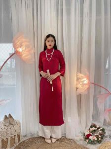 Áo dài cách tân nữ gấm đỏ tươi dáng suông xưa Chaang may sẵn áo dài bầu xuông rộng dự tiệc cưới lễ tết đẹp ADC755