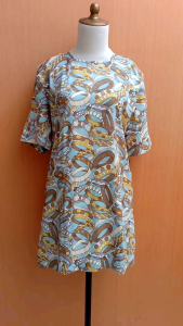 atasan wanita biru muda pastel motif LIZ DAVENPORT cewek L XL blouse lengan pendek MEWAH designer label AUSTRALIA