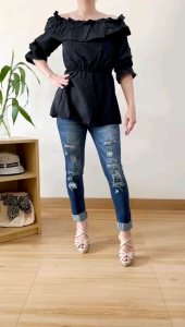 ●ECLAIRE● 0IS Blouse Sabrina Off-Shoulder Ruffle Lengan 3per4 Puff Polos Kasual Korea Santai Mode Modis Jenita