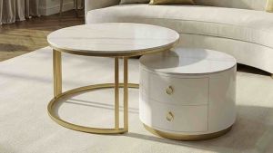Bàn trà đôi Sofa phòng khách mặt đá tròn có hộp 2 ngăn chân kim loại sơn tĩnh điện hiện đại sang trọng