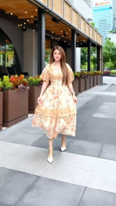 S-2XL เดรสผ้าชีฟองแขนระบาย พิมพ์ลายดอกไม้ โทนสีส้มสดใสน่ารักมากๆ ชุดสาวอวบ อ้วน ชุดเพื่อนเจ้าสาว ไปทะเล ออกงาน ไปงาน แฟนนาค ชุดไปเที่ยว ไปเดท สวยๆ Patcha