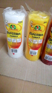 Liwanag Esperma Candle #28 (E#28) Sold per Piece Size: 2.4" Diameter x 6. 5" Height Color Available: White Yellow Red Violet. Burning Time: 10-15 Hours The Biggest Diameter Esperma Candle. Good use for Altars