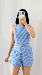 BIG GINGHAM PRINT/CHECKERED Criss Cross Back Crop Top and Shorts with 2 sided pockets COORDS/SET