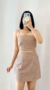 BIG GINGHAM PRINT/CHECKERED Sleeveless Smocking Back Crop Top and Mini Skirt with 2 sided pockets COORDS/SET
