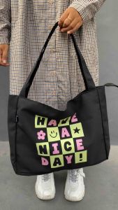 Mottychua ToteBag Kanvas: Kantong Kerja & Sekolah Wanita Motif Lucu Hitam