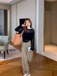 Set Áo Len Lưới Dệt Kim Mỏng Tay Dài Cổ Tròn + Áo Quây Dây Bún - Hitu House [L.01]