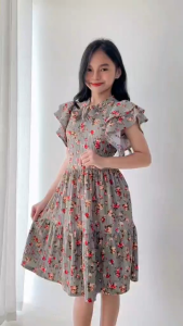 Girls Floral Pleated Dress | Kids Ruffle Sleeve Tie Neck A-Line Casual Party Dress Summer Outfit