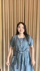 DRESS JEANS WANITA LENGAN PENDEK ADA TALI PINGGANG