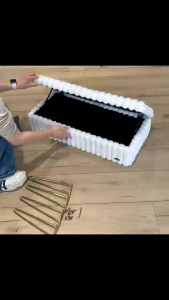 HStex Vanity Chair mirror upholstered Bench with gold hairpin legs the bench seat is characterized by vertical cylindrical tufting