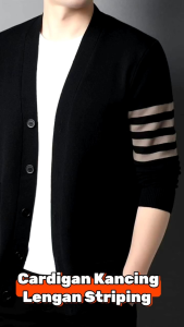 Sweater Cardigan Rajut Pria Lengan Panjang Motif Garis Stylish Korea - Sweater Rajut Pria Lengan Panjang Slim Fit Outer Casual Elegant - Sweater Cardigan Rajut Pria Catton Combed Korean Stylish