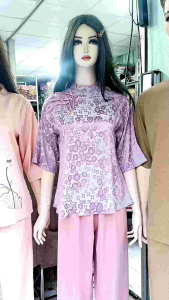 Set bộ nữ gấm nút nơ xòe đồ lam đi chùa nữ