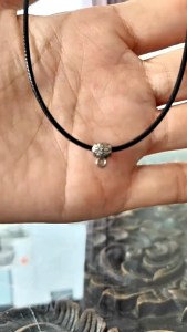 สร้อยพระลูกปัดเงินแนววินเทจ สร้อยเชือกแฟชั่นเชือกคอตตอนดำเคลือบเงา แบบรูด ปรับสั้นยาวได้