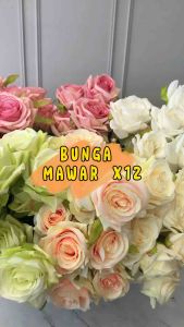 SFS - [MAWAR X12] BUNGA PALSU ARTIFICIAL FLOWER ROSE 1 TANGKAI BERCABANG 12 UKURAN SEDANG HIASAN BUNGA RUANG TAMU RUANG MAKAN DIY FLORIST MAWAR HOLLAND