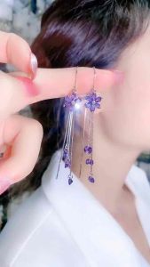 (Bebas beli 2 dapat bonus) A110 Anting bunga ungu juntai manis titanium Earrings perhiasan