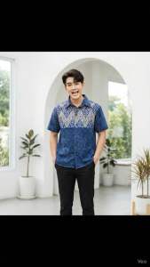 เสื้อพื้นเมืองผู้ชายคอเชิ้ต ผ้าหม้อฮ่อมสโตน แต่งลายไทย