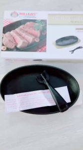 Set Chảo gang chống dính oval DRAGON làm bò né+ đế gỗ+ Gắp Trợ Lực Nóng- Chảo gang bò né bò beefsteak...