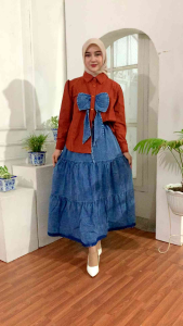Ribon Oneset Rok Jeans Setelan Rok Wanita Muslim Modern All Size Bahan Toyobo Mix Jeans Premium