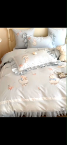 Sweet-Girl Style Pure Cotton Washed Cotton 4-Piece Bedding Set – (FREE Rabbit Pillow) Thickened Brushed 100% Cotton Summer Princess-Style Duvet Cover Kids Cartoon Embroidery Bed Linen