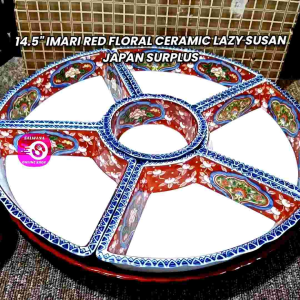 14.5in JAPAN SURPLUS IMARI RED FLORAL CERAMIC LAZY SUSAN TURNTABLE ROTATING DISH