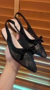 Giày bệt mũi nhọn hở gót chất REN Thêu gắn nơ xinh tiểu thư