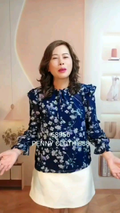 68956 เสื้อ Alacarte ชีฟองพิมพ์ลายดอก แขน 3 ส่วน ดีเทลคอกลมผูกโบ ตีเกล็ด แทรกทริม มีซับใน by PENNY CLOTH 888