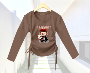 Desain Crop Top Wanita Kekinian Serut Kanan/Kiri Monsters Labubu Lengan Panjang Murah