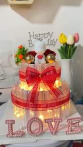 เค้กเงินหมี2ชั้น 33ใบ ฟรีป้ายปักเค้ก ไฟLED พร้อมกล่องผูกโบว์ให้ลูกค้า