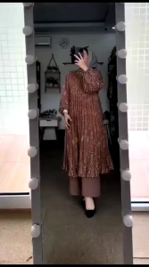 Setelan Tunik Wanita Oneset Midi Long Tunik Set Plisket Bahan Silk Busui